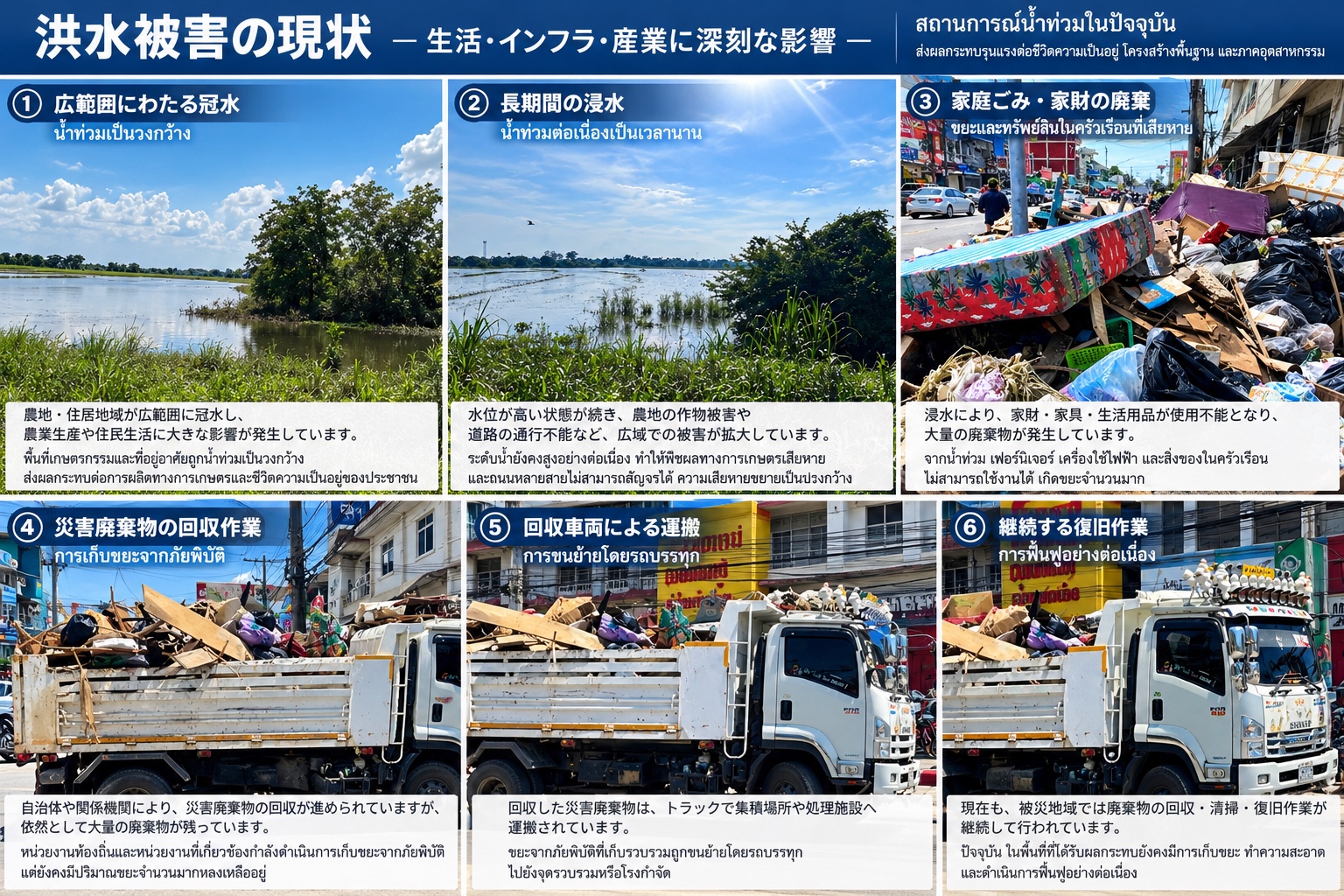 洪水被害の現状。広範囲にわたる冠水、長期間の浸水、家庭ごみ・家財の廃棄、災害廃棄物の回収作業、回収車両による運搬、継続する復旧作業を6枚の写真で紹介する日本語・タイ語資料。