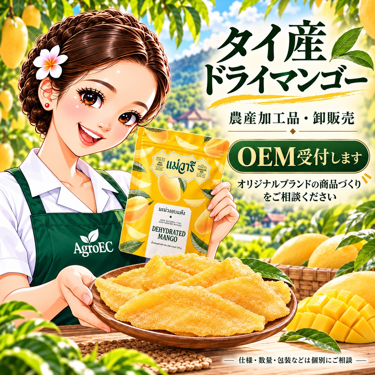 Agro EC タイ産ドライマンゴー 農産加工品・卸販売、OEM受付。仕様・数量・包装は個別相談