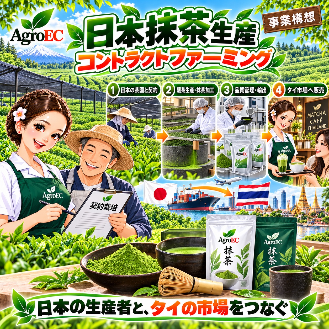 Agro EC 日本抹茶生産コントラクトファーミング事業構想。日本の茶園と契約、碾茶生産・抹茶加工、品質管理・輸出、タイ市場へ販売